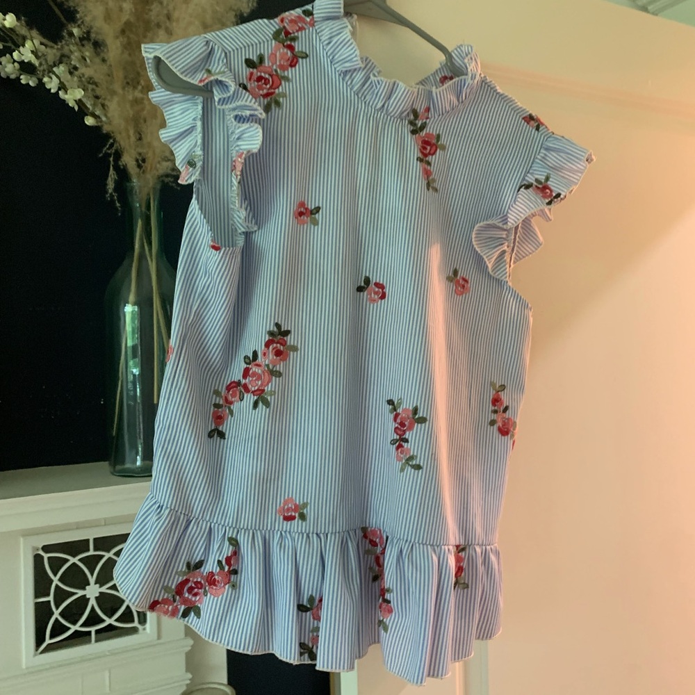 Floral Ruffle Sleeve Blouse - Blue and Pink